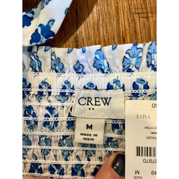J. Crew NWT blue printed smocked waist tie strap tank - Picture 7 of 8